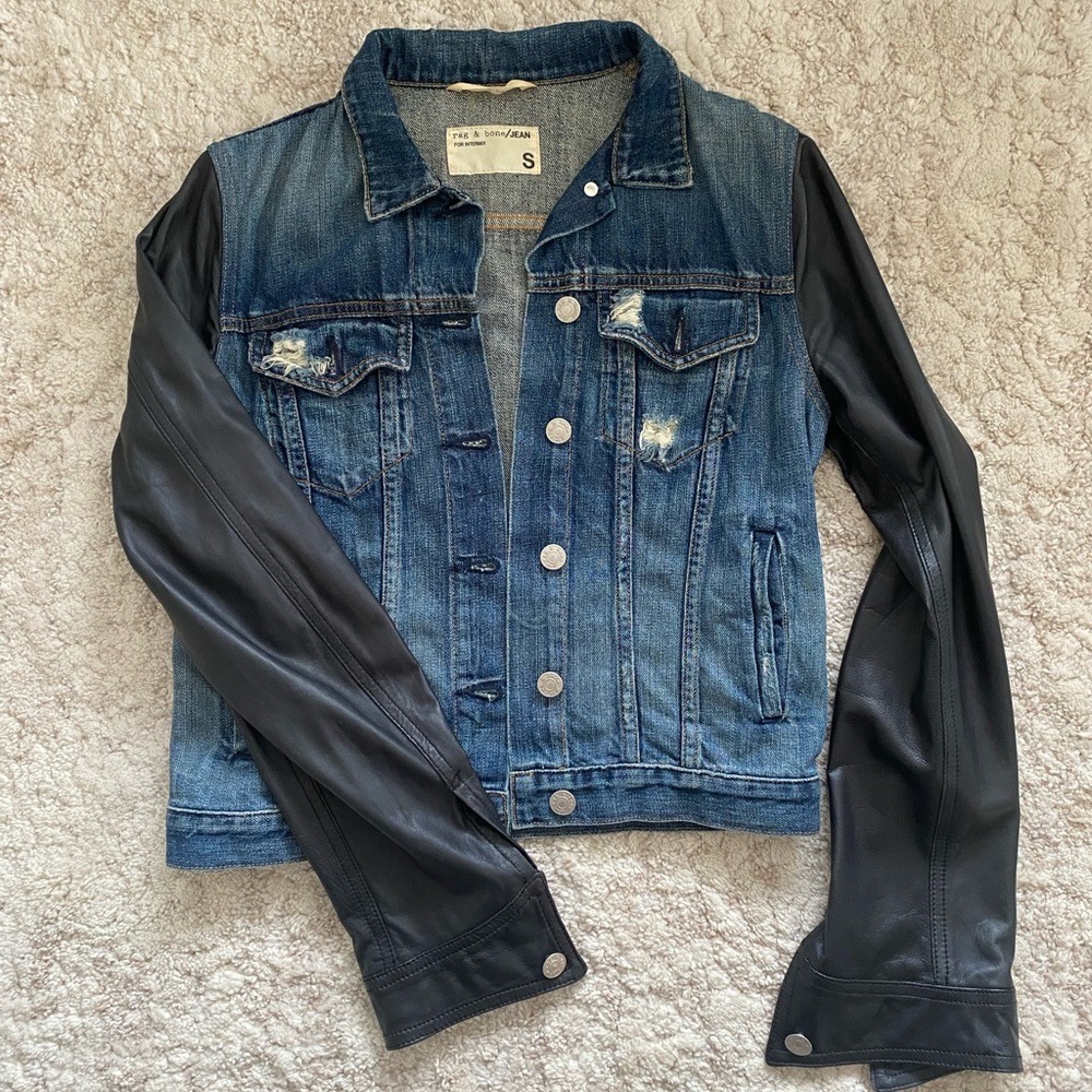 Rag & Bone women’s denim jacket with black leather sleeves.